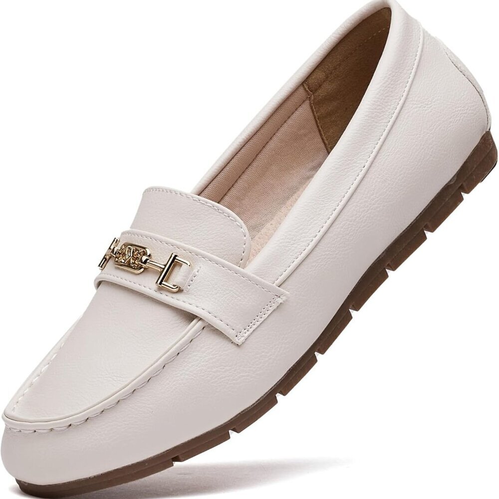 Women's Leather Loafer Shoes 8 White Slip On Comfort Flats For Work Casual